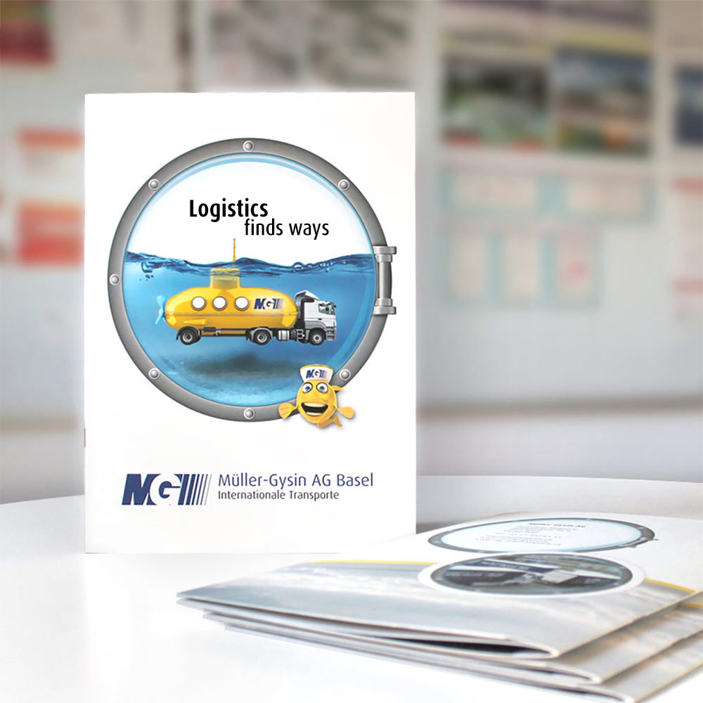 Unusual image brochure for a logistics company in Switzerland. A transporter as a submarine in a porthole.